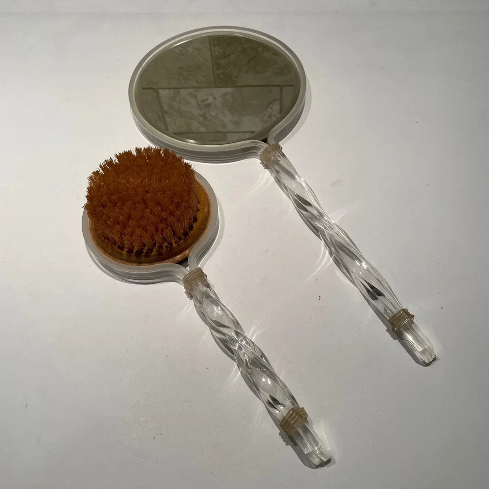 Vintage Lucite Hand Mirror and Brush Set Etched Floral Twisted Handle Clear 2pc